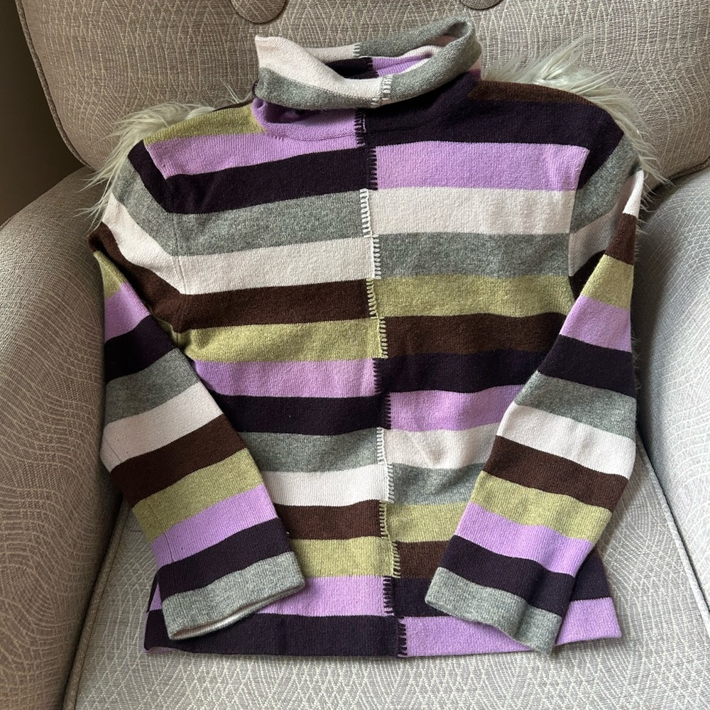 TSE 100% Cashmere Striped Cowl Neck Sweater in Lavender, Olive & Brown